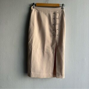 NWT Forever 21 Textured Fabric Metal Bars Side Slit High Rise Midi Skirt Cream